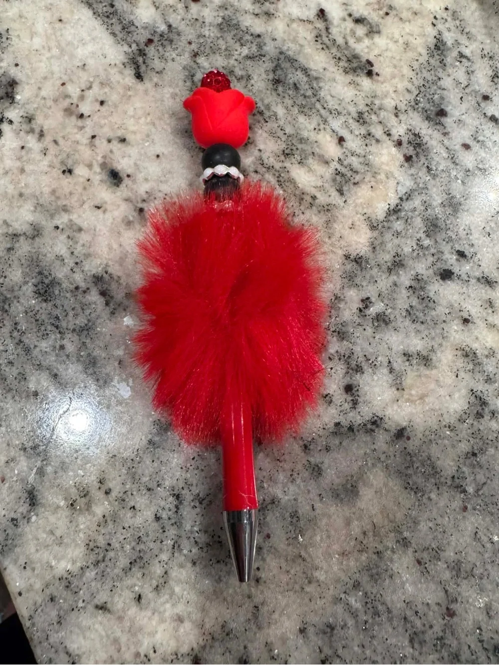 Hand Crafted Red Beaded Pom Pom Pen